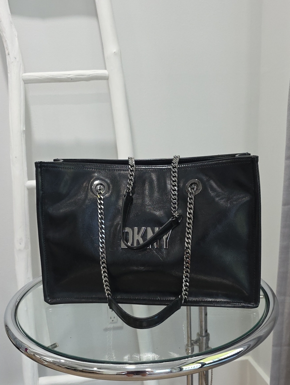 DKNY Black Leather Chain-Handle Tote